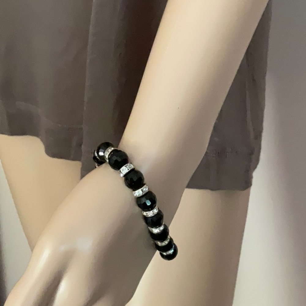 Faceted Black Crystals and Rhinestone Spacer Beaded Bracelet Stretch